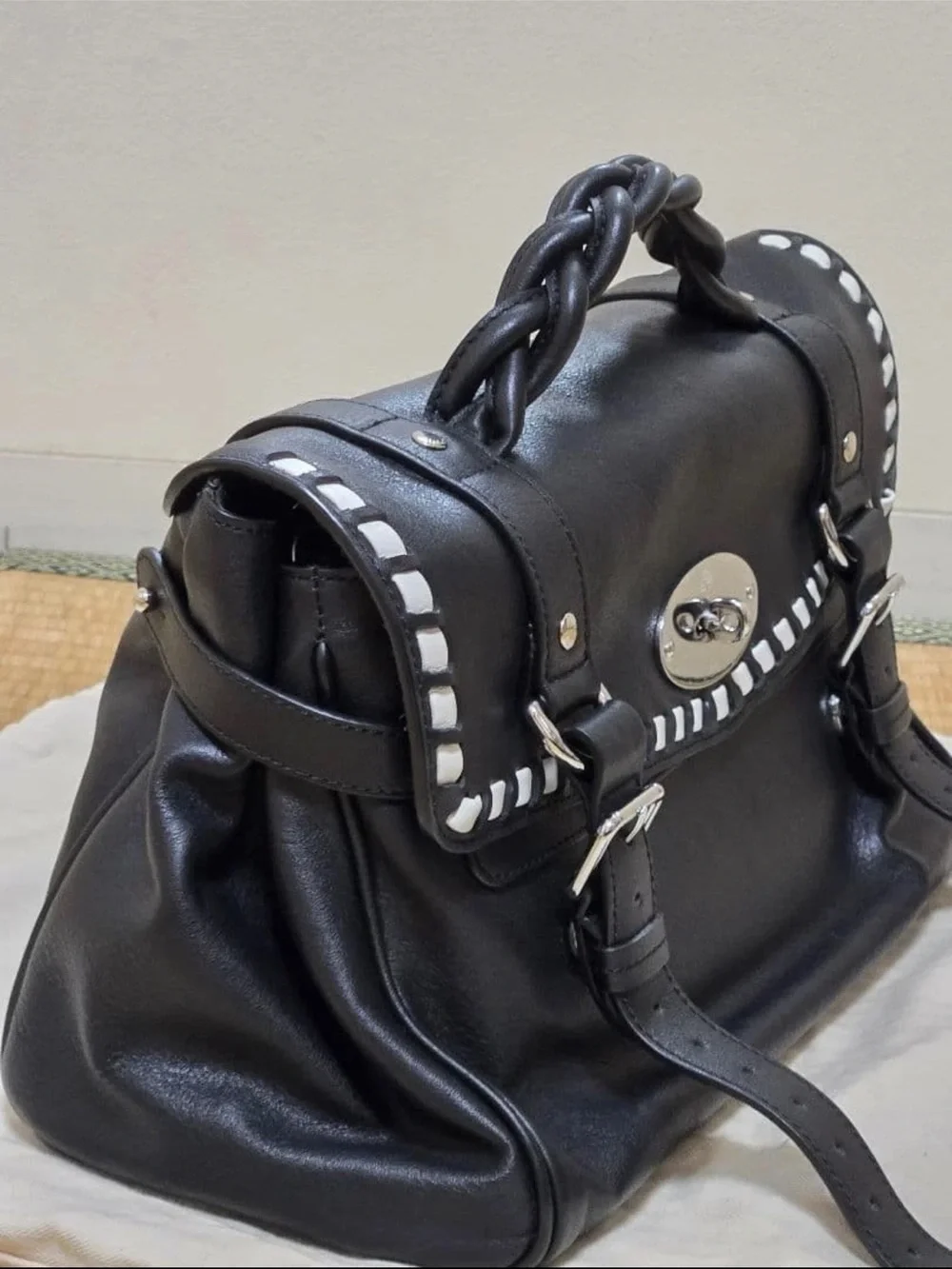 Mulberry Black Leather Satchel with White Trim
